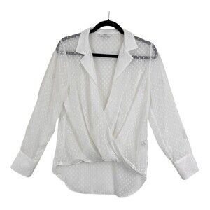 Bar III Womens Size Medium White Clip Dot Faux Wrap Blouse